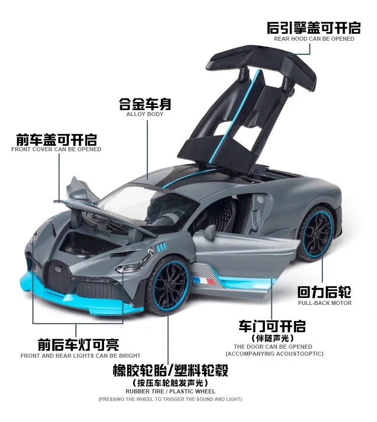 1/32 Diecast Sport Car Bugatti Divo Simulation Model Play Metal Vehicle 15.5Cm Collectible Toy For Kids W/Lights