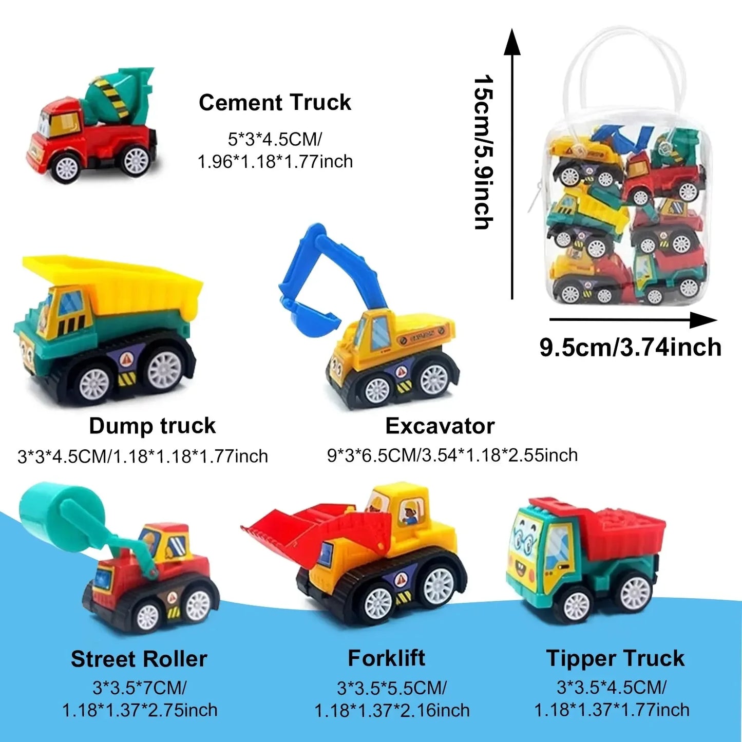 1 Bag 6 PCS Mini Inertial Pull Back Engineering Car Plastic Friction Vehicle Truck Model Toy For Children Boy Girl Birthday Gift