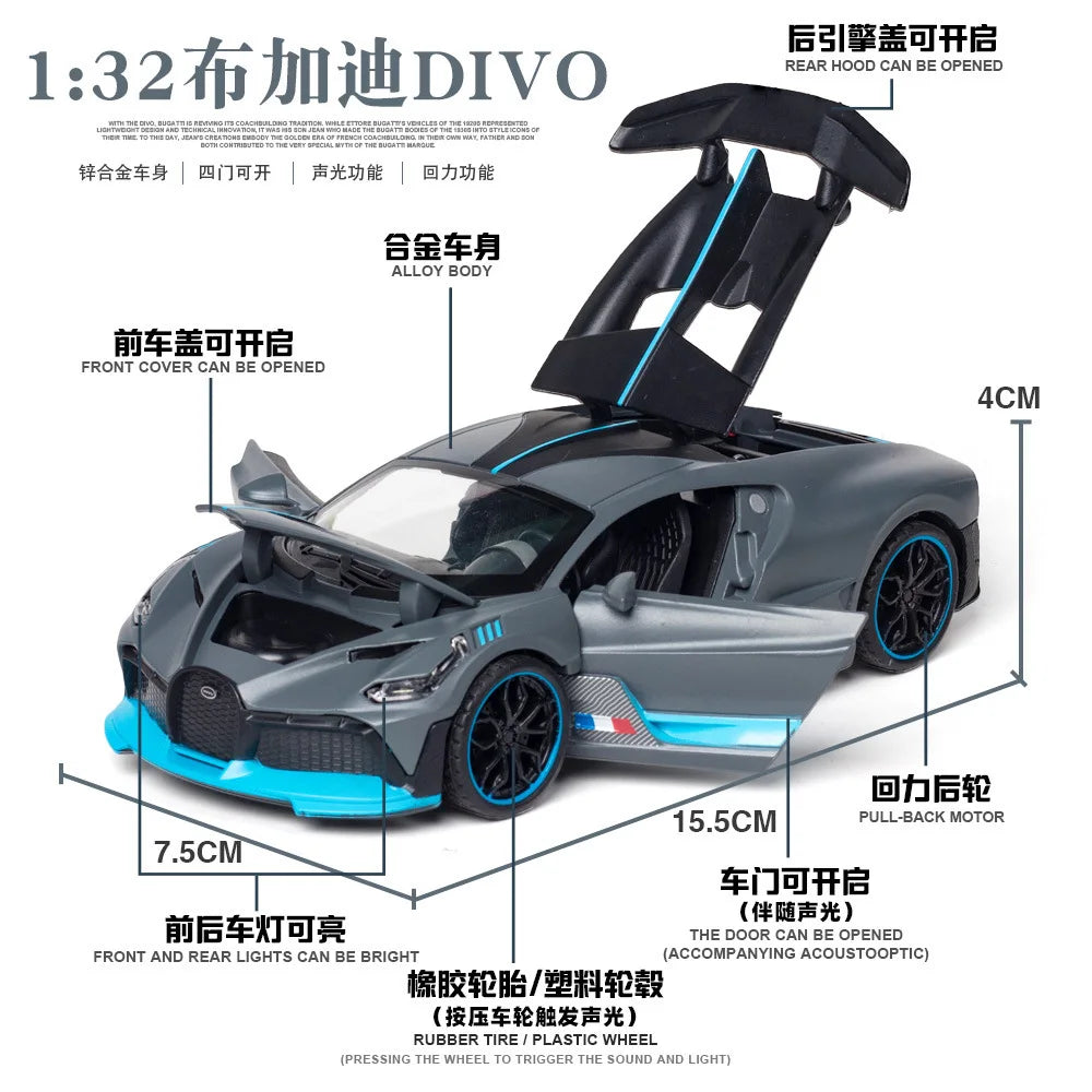 1/32 Diecast Sport Car Bugatti Divo Simulation Model Play Metal Vehicle 15.5Cm Collectible Toy For Kids W/Lights